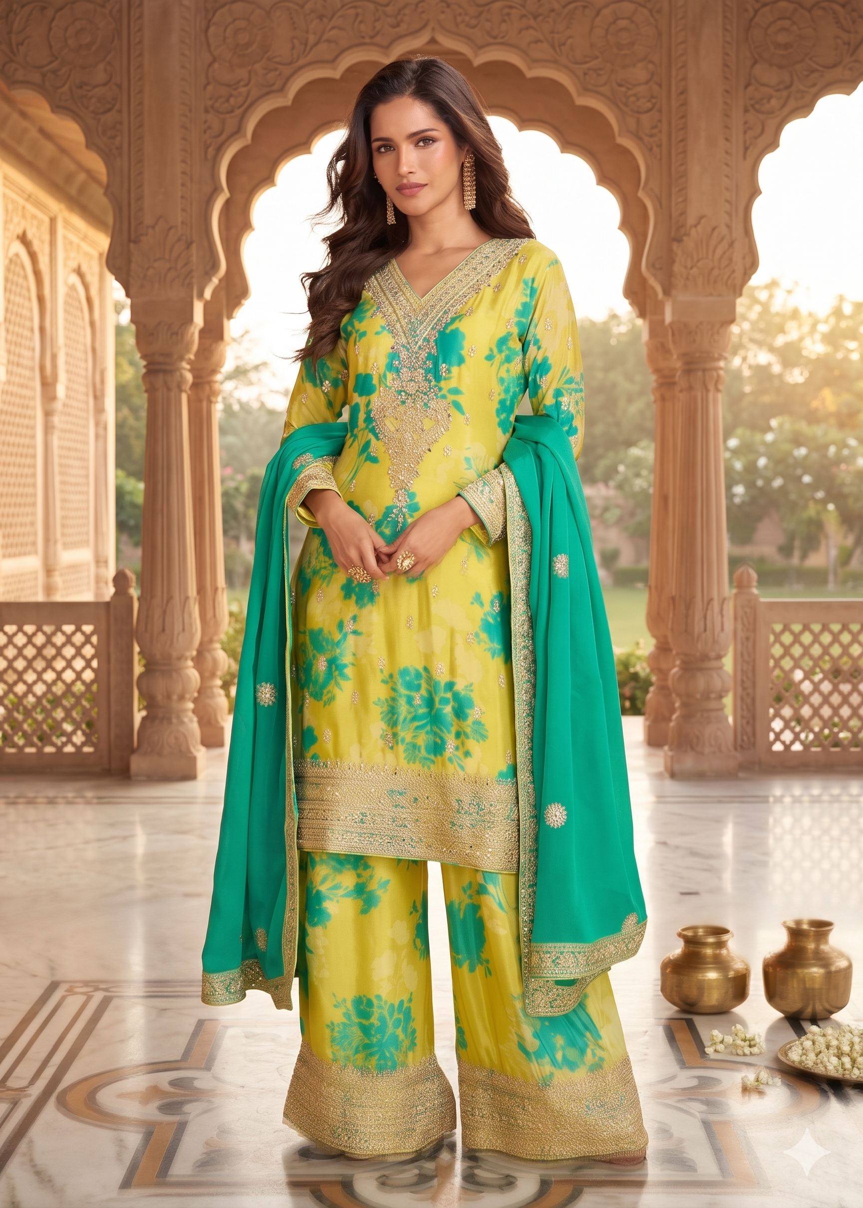 Vibrant Lemon Yellow Palazzo Suit in Chinon Silk with Intricate Sea Green Embroidery and Floral Print