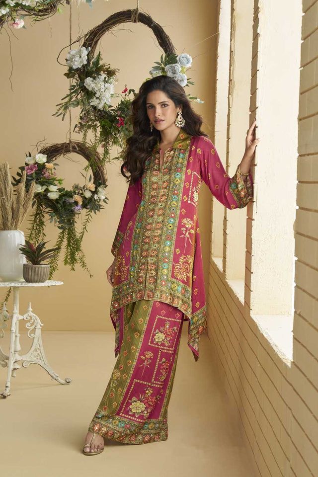 Elegant Maroon & Emerald Printed Crepe Co-Ord Set with Sequin Detailin