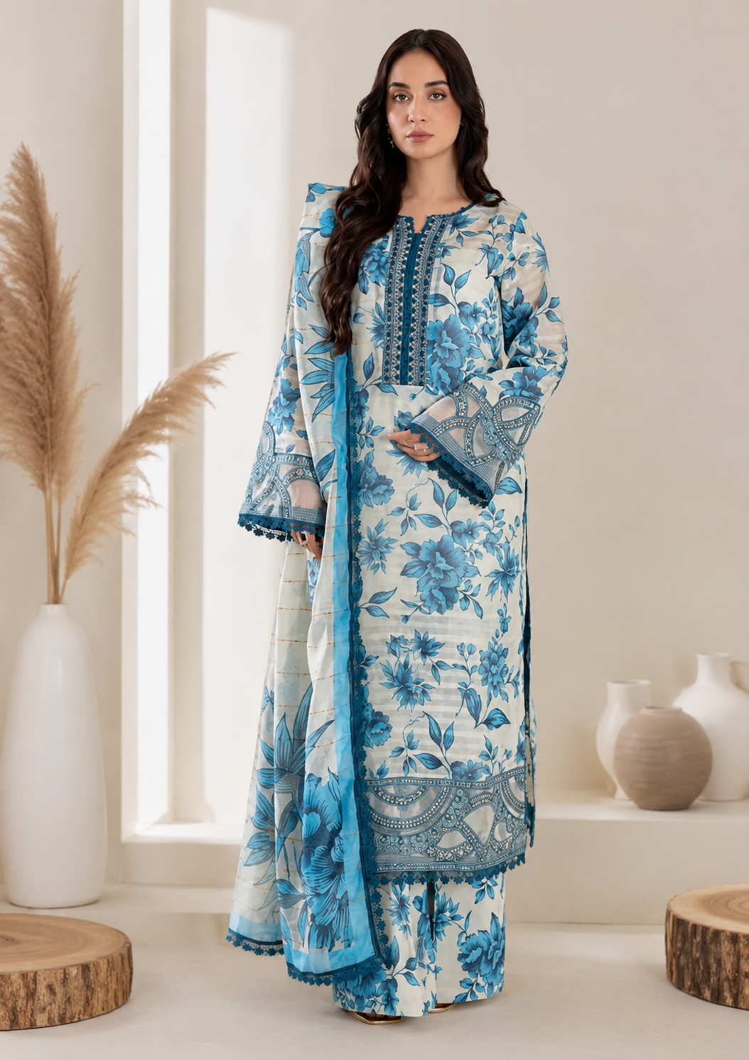 Premium Blue Floral 3-Piece Lawn Suit  Elegant Summer Collection