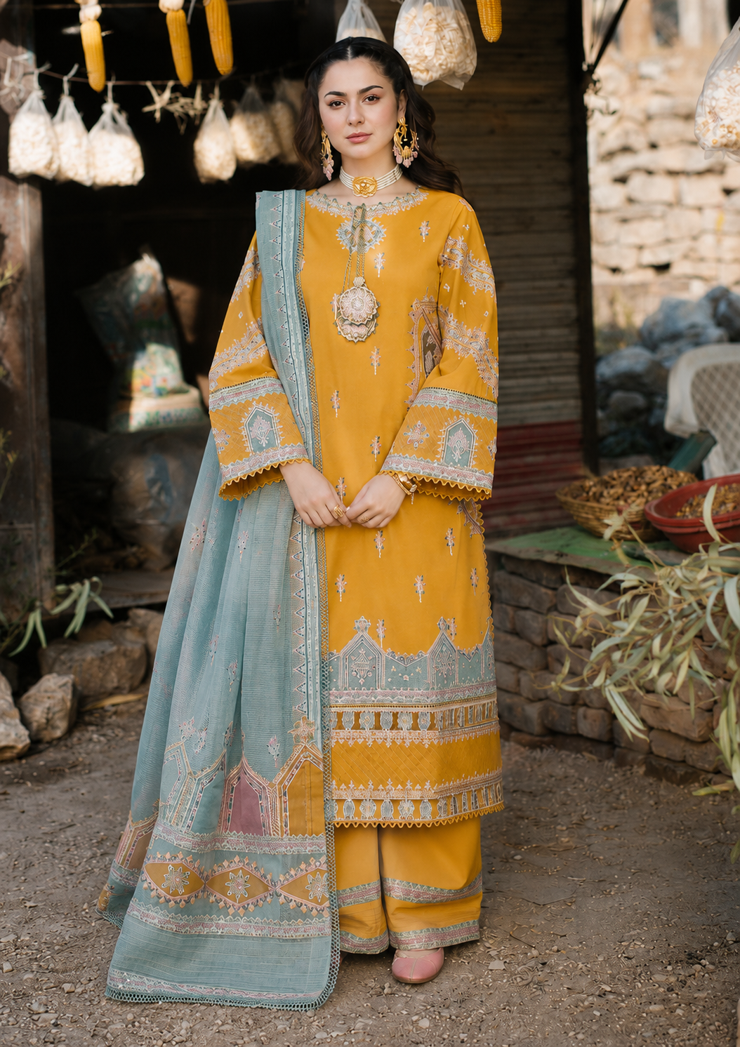 Premium Mustard Embroidered 3-Piece Lawn Suit  Elegant Pakistani Collection