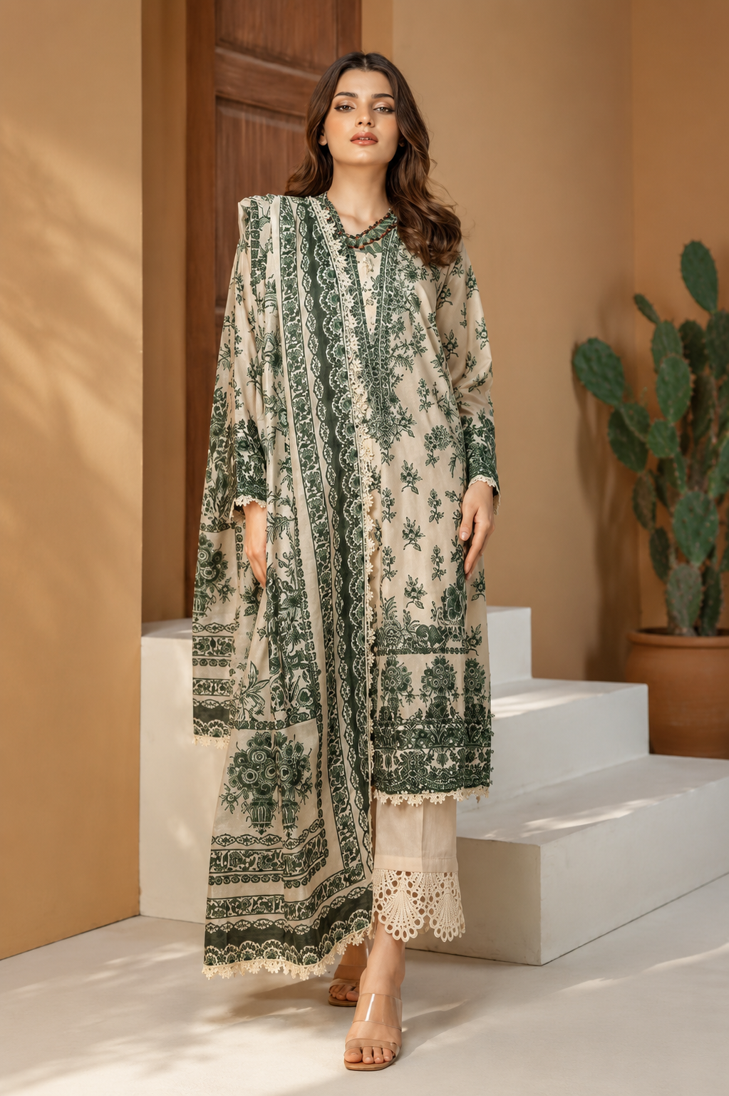 Premium Ivory & Olive Green 3-Piece Lawn Suit  Elegant Pakistani Collection