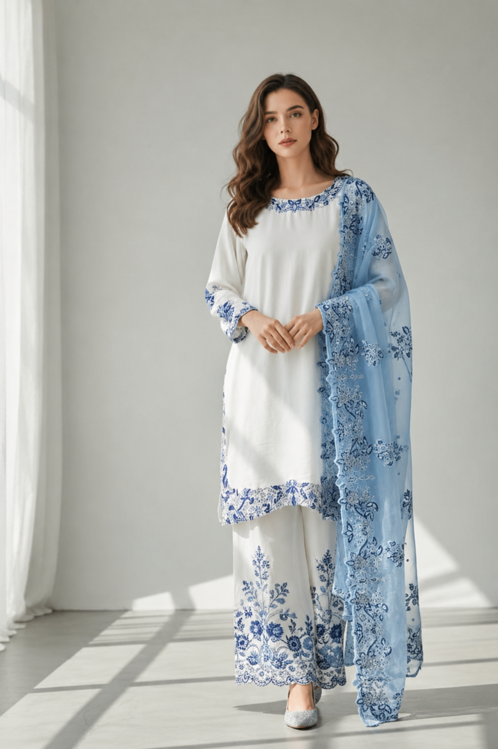 Premium White & Sky Blue 3-Piece Lawn Suit  Elegant Summer Collection