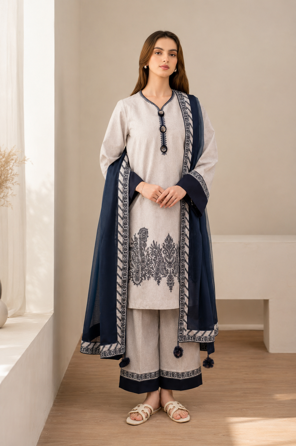 Premium Pearl Grey & Navy Blue 3-Piece Lawn Suit  Elegant Pakistani Collection