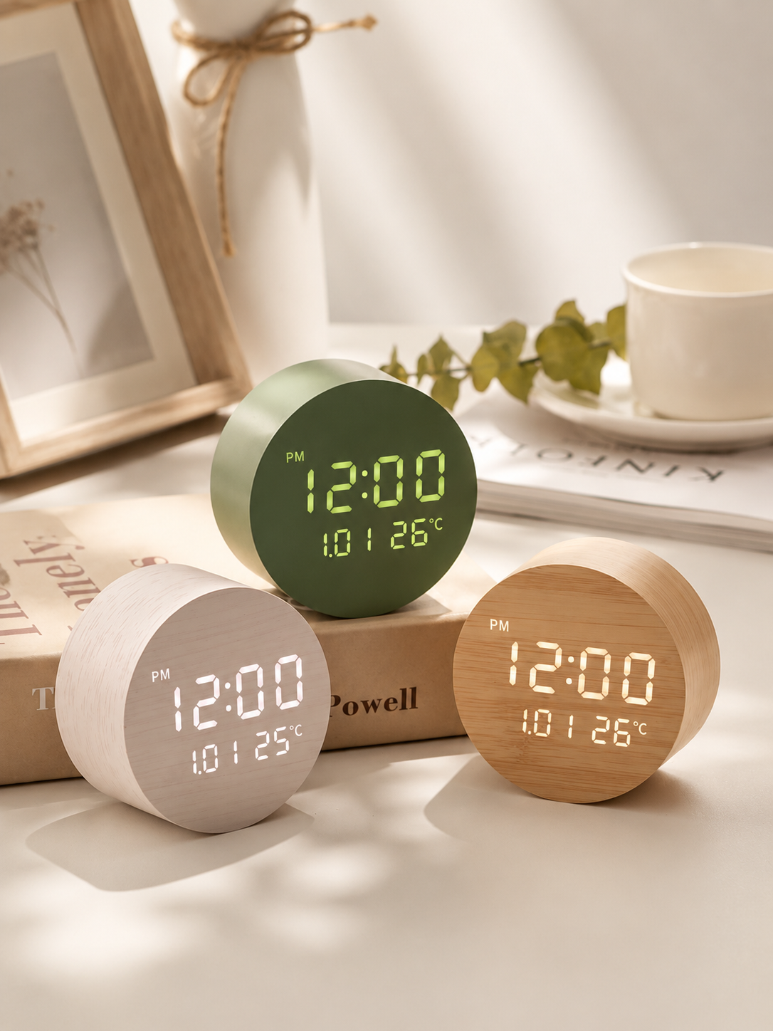 Modern LED Digital Alarm Clock with Temperature Display  Minimalist Wooden Desk Clock